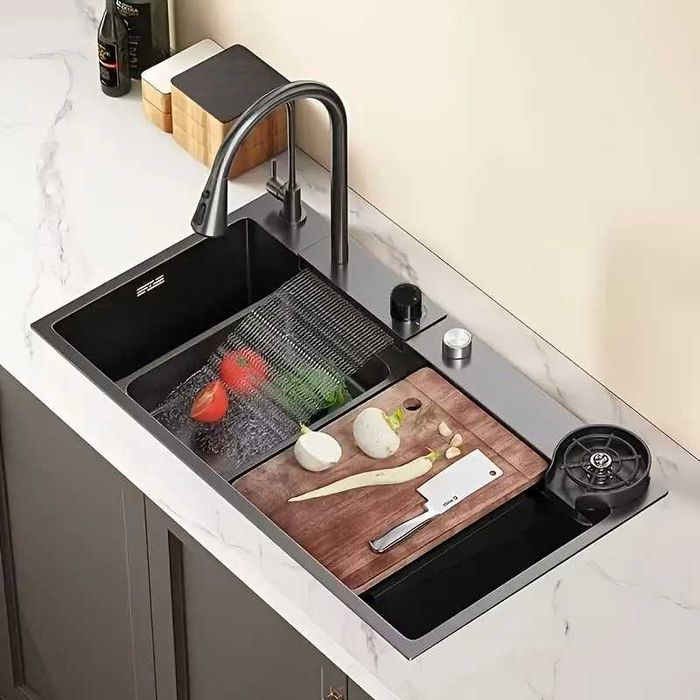 Луксозна голяма кухненска мивка със смесител и аксесоари 80см 75см