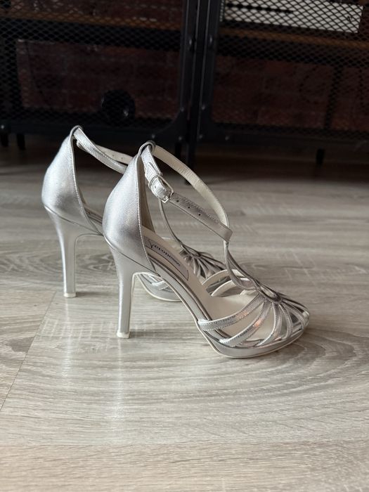 Sandale cu toc, piele naturala argintie, Veronesse, 36