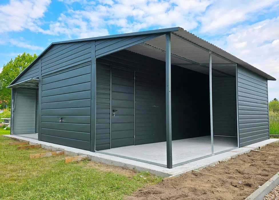 Garaj 6 m × 6 m din tablă acrilică + Copertină 2 m × 6 m