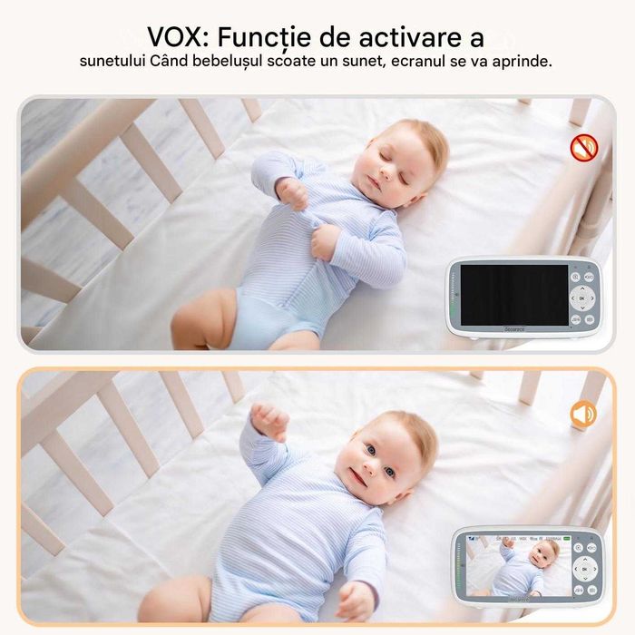 Monitor pentru bebeluși fără WiFi, ecran de 4'' 720P cu cameră și audio, mod activat prin sunet, vorbire
