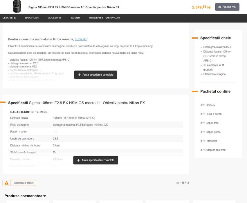Obiectiv MACRO 1:1 SIGMA 105mm f2.8 EX DG OS HSM - NIKON stabilizare