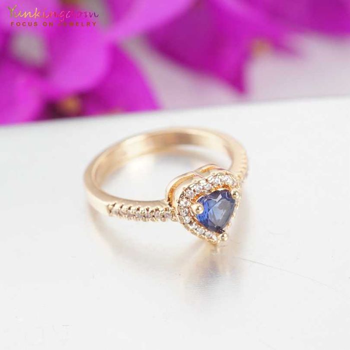 GR83,inel placat aur 18k,inima, zirconiu alb/albastru, ideal logodna