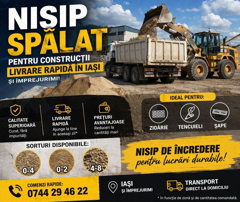 Nisip spalat calitate premium iasi pentru zidărie, nisip tencuieli,  șape o744294622.