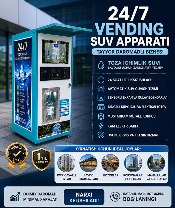 Vending Suv Aparati – 24/7 Avtomatik Toza Ichimlik Suvi Savdosi