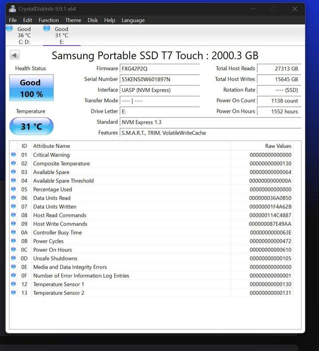 Samsung T7 Touch 2TB tashqi SSD disk