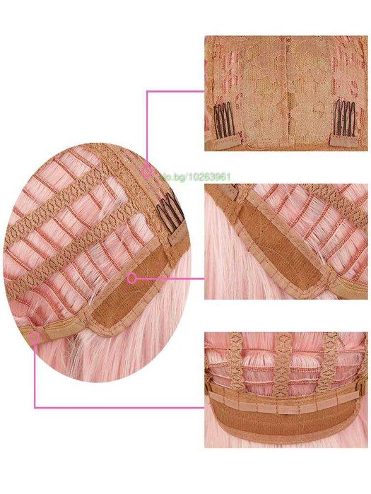 Къса плътна розова перука с бретон