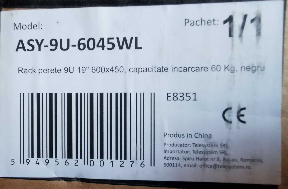 Rack de perete 9U, 19 inch 600x450 capacitate 60kg IP20 ASY-9U-6045WL
