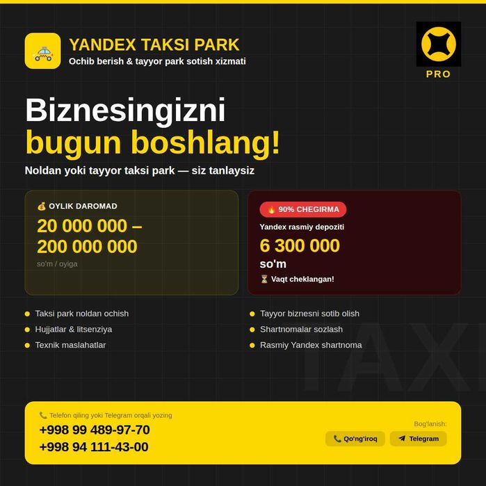Vodiyda Yandex taksi park ochish xizmati va tayyor park sotiladi