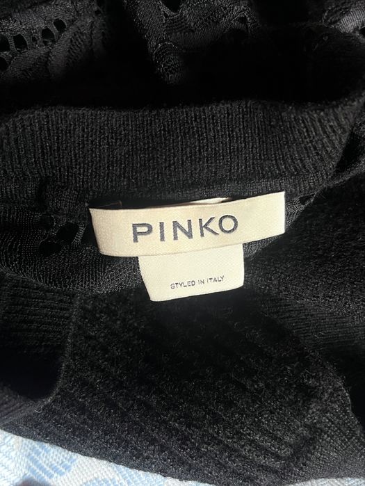 Pinko, pulover negru, 100% lână, dantelă & mânecă bufantă