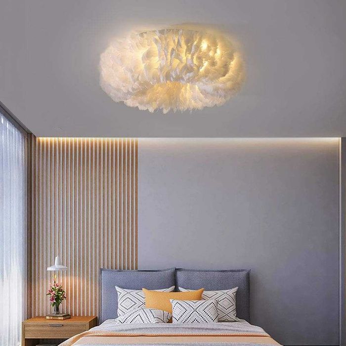 Полилей Таванна лампа Полилей с бяло перо, Модерни LED осветителни