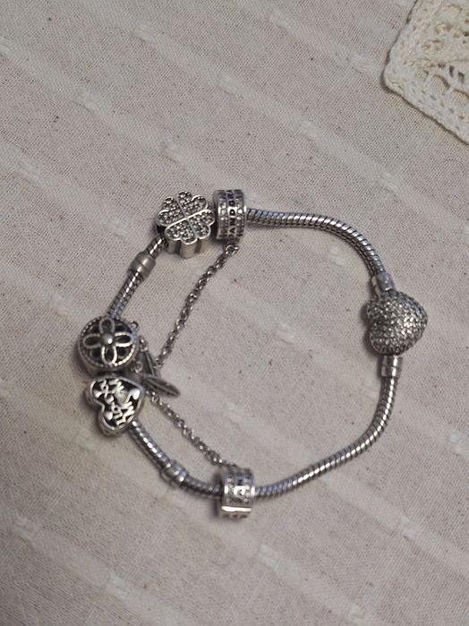 Brătără Pandora originala, charmuri argint, cercei cu cristale Swarovs