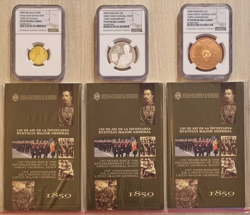 Set 3 monede BNR, aur argint tombac Statul Major General gradate NGC