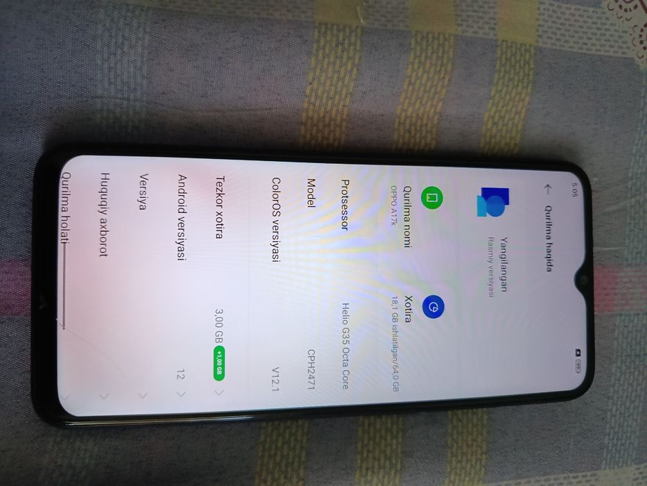 Oppo 17 K/A sotiladi 4/64 xotirasi aybi yoq