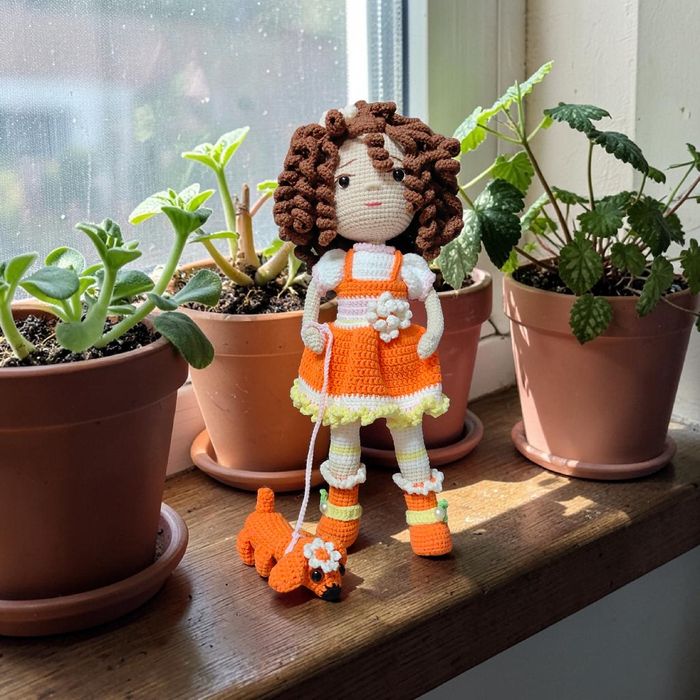 Кукла дама с собачкой вязаная крючком ручная работа