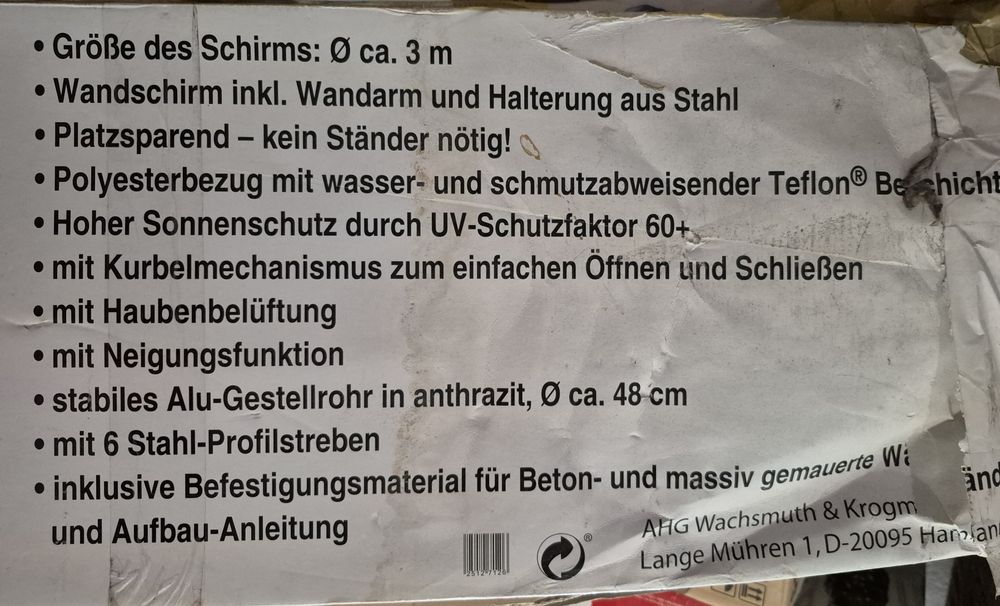 Чадър, за поставяне на стена (Wand-Sonnenschirm) 3 м в диаметър.