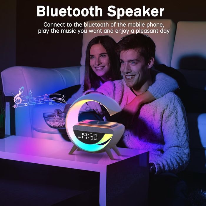 Atmosphere Lamp with Wireless Charger, 15W Led Alarm Clock Dimmable Ambient Light Smart Table Lamp with Bluetooth Speaker