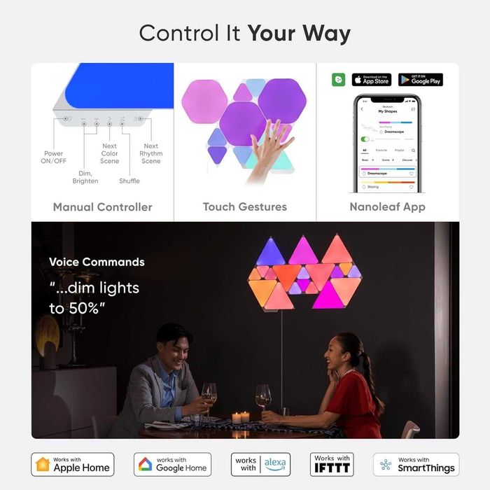Nanoleaf Shapes Hexagon Starter Kit - пълен комплект от 9 Смарт LED светлинни панелa, контролер и аксесоари (като нови)