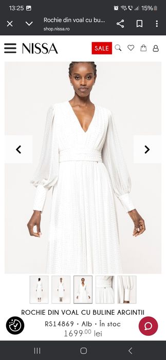 Rochie Nissa albă din voal cu buline argintii