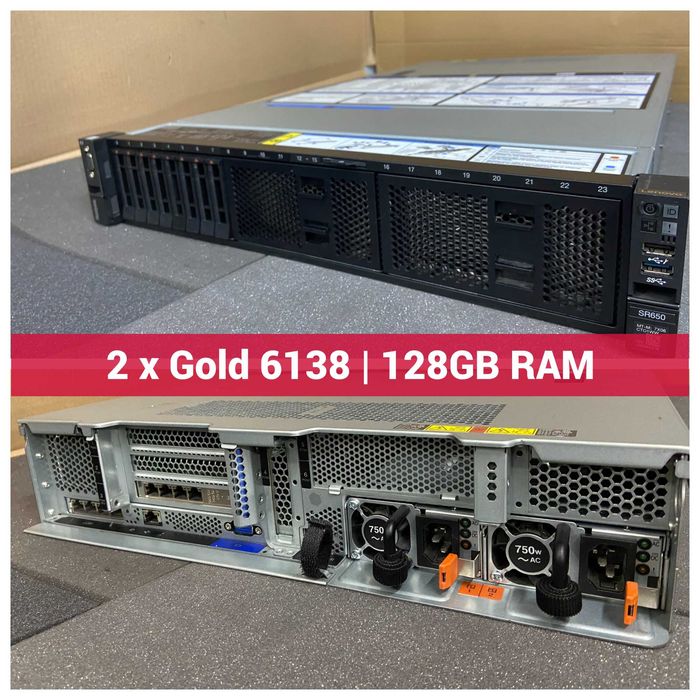 Сървър Lenovo SR650 2*Xeon Gold 6138 40c, 128GB DDR4, RAID 930-8i