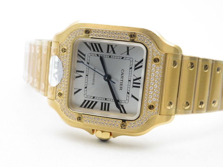 Cartier Santos de Cartier 35mm дамски - жълто злато, диаманти, бял циферблат - QC снимки