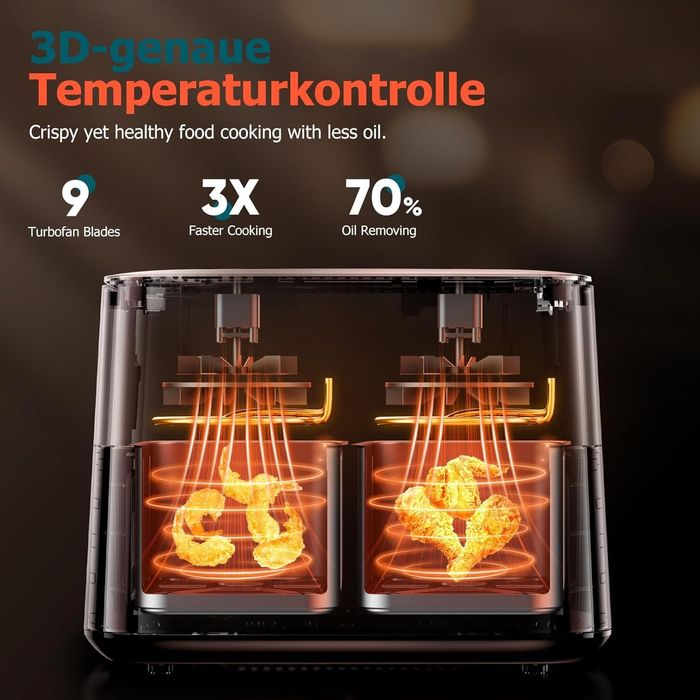 3000W Двузонов еър фрайър, фритюрник с горещ въздух 9 литра, 2 х 4,5л