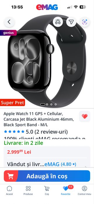 Apple watch NOU,sigilat, seria 11 (2025) 46mm jetblack cu cellular
