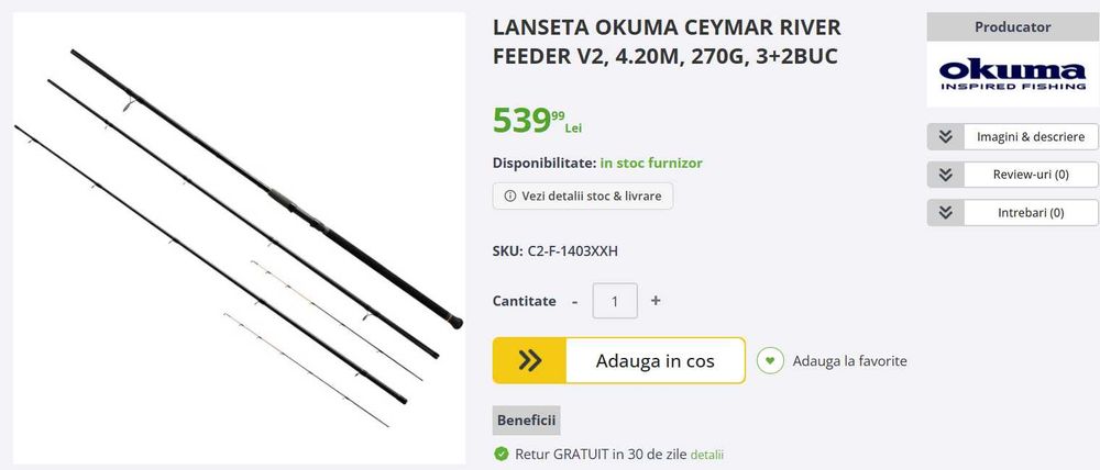 Feeder Okuma Ceymar 4.2m 270g + Dam Shadow 5 8000 SLS