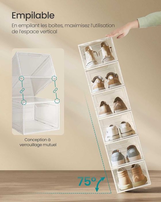 Set 6 cutii pentru pantofi, Songmics, plastic transparent, stivuibile