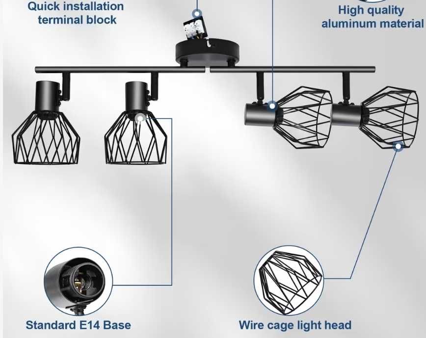 KYOTECH Lampă spot E14 neagră cu 4 becuri Spot cu LED de plafon rotativ 350° și rotativ Spot de plafon E14 spot pentru 4 becuri E14  fără becuri