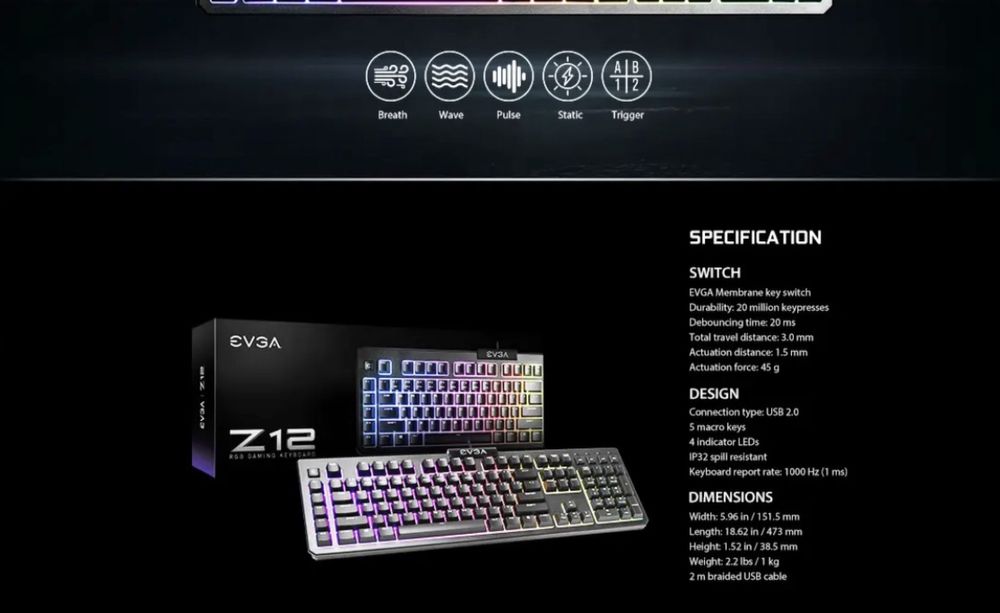 Геймърска клавиатура EVGA Z12 RGB
