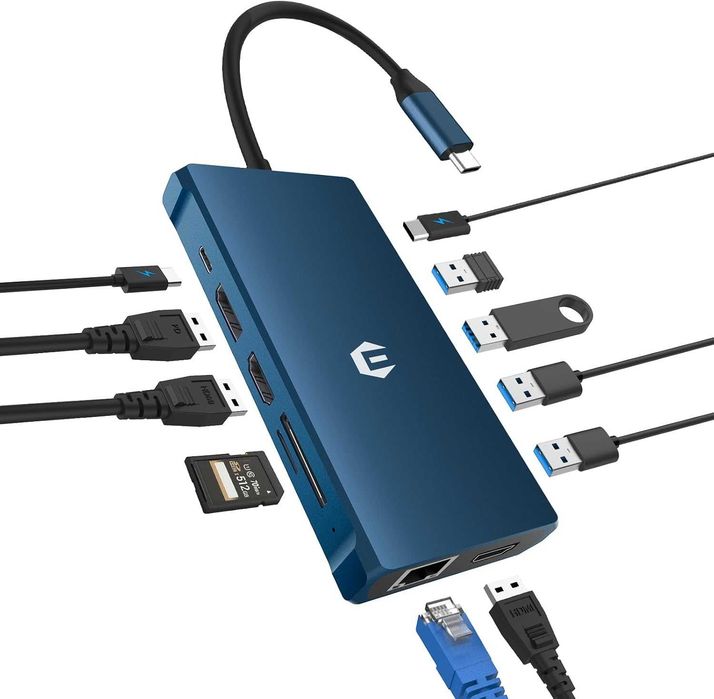 12 в 1 USB C хъб,  USB C адаптер, троен дисплей 4K DP/2*HDMI  USB A/C 3.0.1 oz Ethernet, PD 100W, 3.5 мм микрофон, SD/TF) за лаптоп
