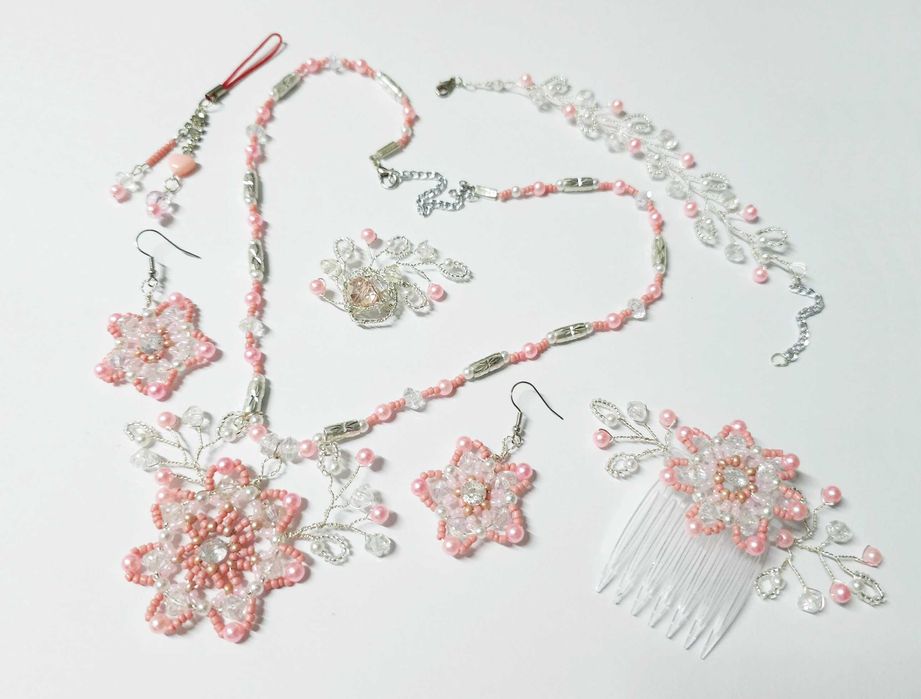 Set bijuterii unicat evenimente roz, roz-somon argintiu, lucrat manual