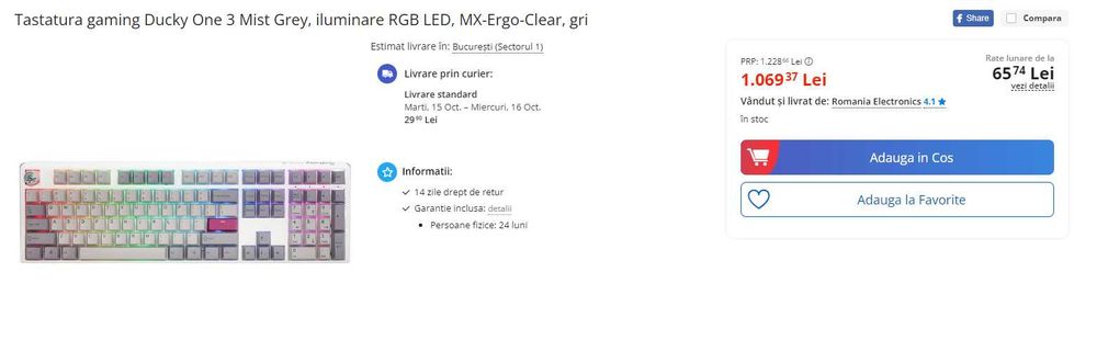 Tastatura Gaming Mecanica RGB Ducky One 3 Mist Grey Noua