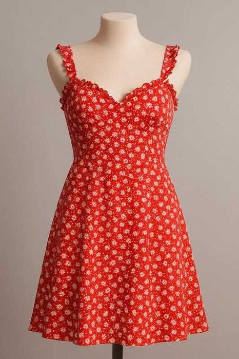 Rochie Pull&Bear roșie cu imprimeu margarete, fit-and-flare, mărime S