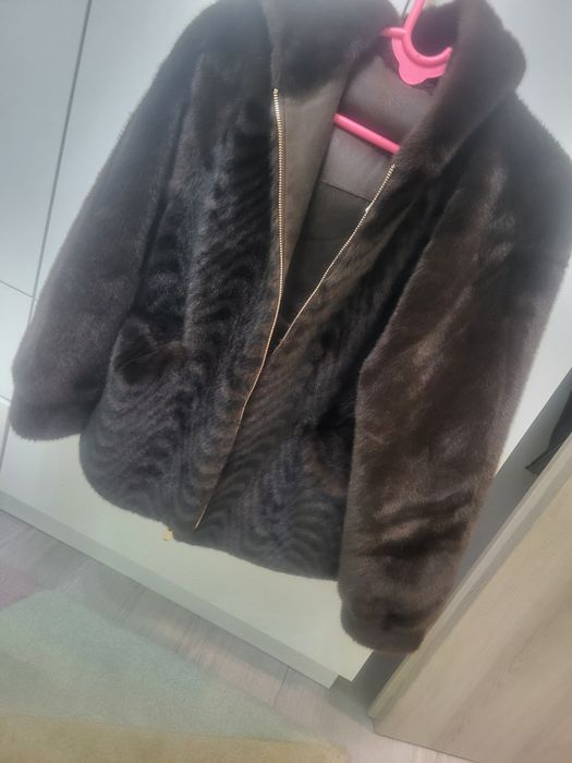 Нов кажух от еко пух/кожа кафяво с черно