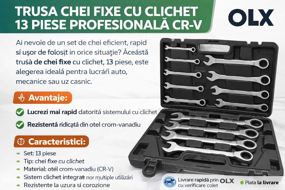 Trusa Chei Fixe cu Clichet 13 Piese Profesionala CR-V