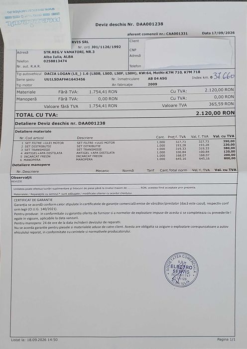 Dacia Logan 1.6 Laureate 2009, 37.700km, clima, istoric reprezentanta, unic proprietar