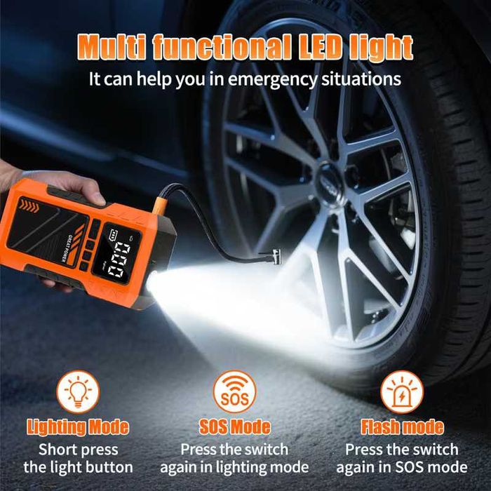 Авариен мобилен стартер (Jump Starter), компресор, външна батерия и мощен LED фенер 4 в 1 JKUOO, различни накрайници, 8000А, 10ATM, НОВ!