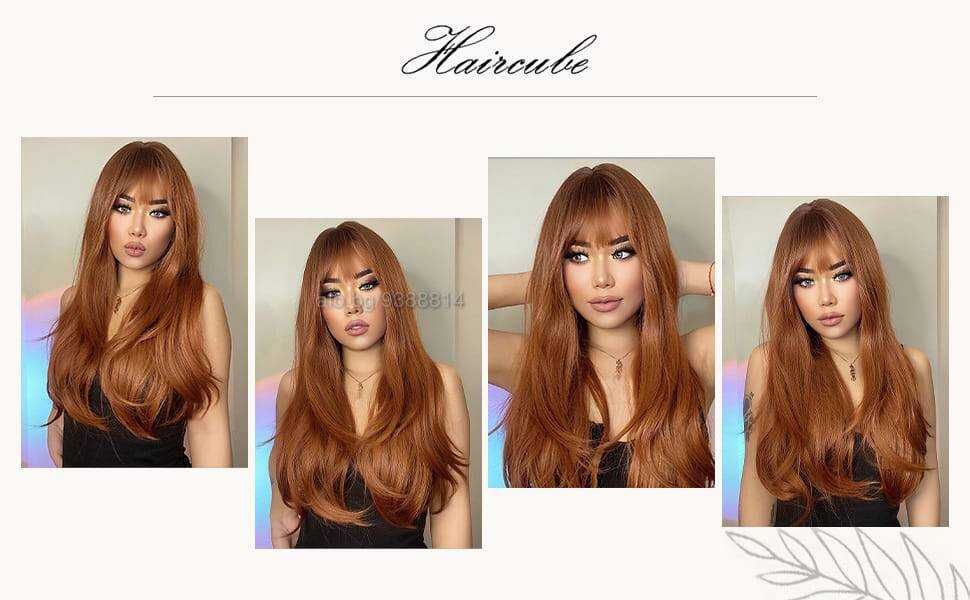 70 см Кафява синтетична перука с омбре ефект, тъмни корени и бретон