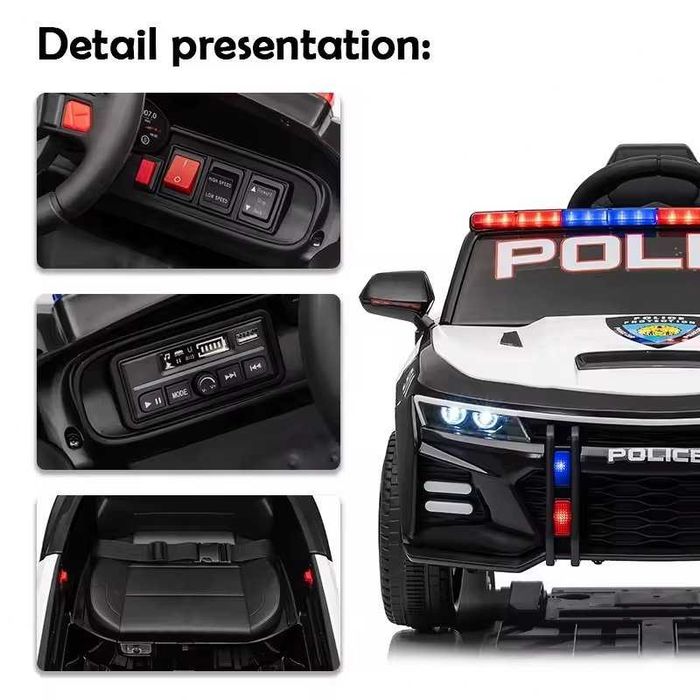 Masinuta electrica pentru copii Nichiduta Police Agency 24V,telecomanda 2.4G,scaun din piele,2 motoare,faruri led si lumini girofar politie, muzica,