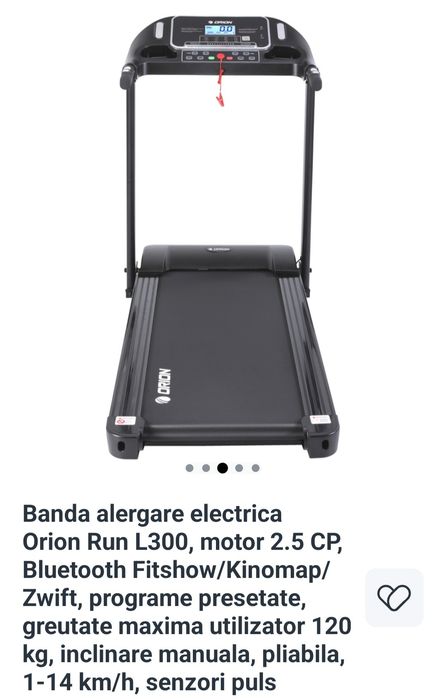 Banda alergare electrica Orion Run L300, motor 2.5 CP, Bluetooth Fitshow/Kinomap/Zwift, programe presetate, greutate maxima utilizator 120 kg