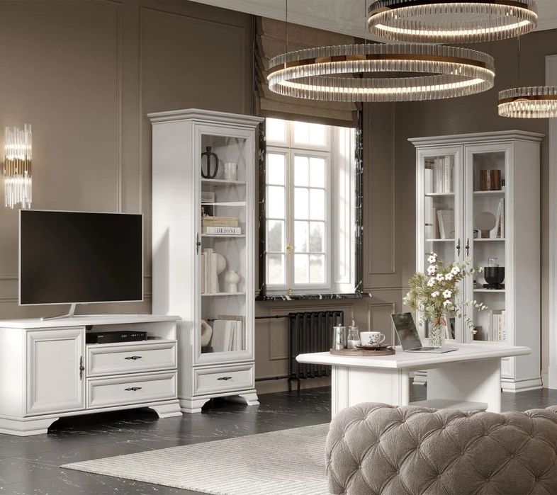 Comoda Kentaki 2 usi si 4 sertare, alb alpin, stil clasic elegant, material MDF