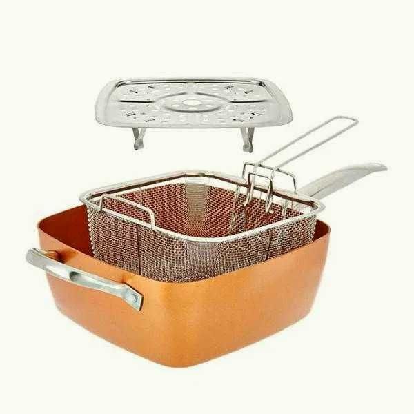 Нов дълбок меден тиган Copper Pan, Комплект 6 в 1, Незалепващо Cerami-Tech покритие, Индукционно дъно С лека драскотина