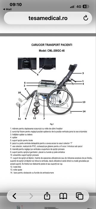 Carut cu rotile spatar si picioare mobile pana la orizontala