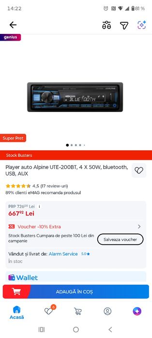 Player auto Alpine UTE-200BT – Bluetooth, USB, AUX, 4x50W – stare foarte bună
