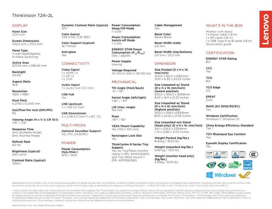 Монитор Lenovo ThinkVision T24i-2L IPS FHD (1920x1080), 250cd/m, 4ms