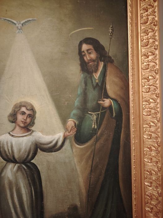 Pictură religioasă cu Fecioara Maria, Pruncul Iisus și Sfântul Iosif,rama din lemn masiv cu o deosebită sculptură, dimensiuni 95 cm cu 75
