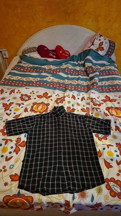 Cămașă bărbătească neagră în carouri albe – XL, mâneci scurte