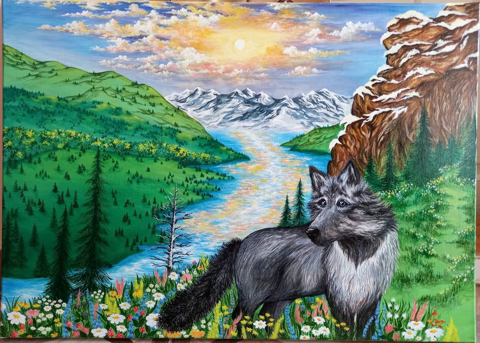 Tablou pictat manual (peisaj natura/lup)- acrilic pe pânza 50×70cm