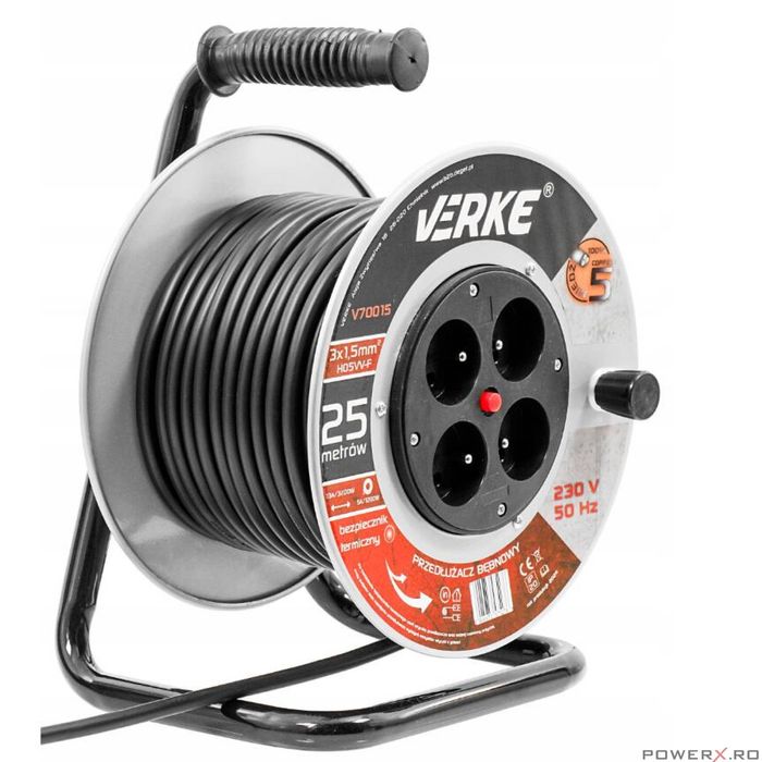 Rola prelungitor cablu negru, cu cadru metalic, 25 metri 3 x 1,5 mm